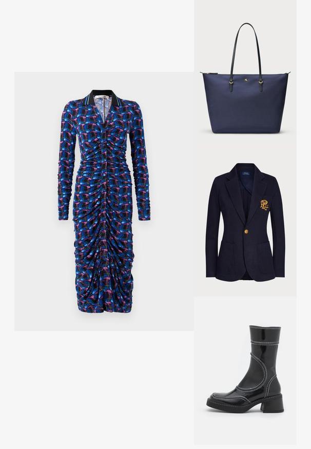 Jūras spēku žakete, izgatavota no teksturēta auduma, ar zelta pogu un izbrodētu logo krūšu kabatā. Ietver divas priekšējās kabatas.; Garām piedurknēm kleita daudzkrāsainā rūtainā rakstā, ar ručēšanu gar ķermeni, apkakles dekoltē un pogu aizdari.; Melna lakota ādas anklets ar baltiem šuvumiem, noapaļota purngala un kvadrāta papēža. Iezīmes izliekti dizaina līnijas un gluda struktūra.; Tumši zila somiņa, izgatavota no teksturēta auduma, ar melnām ādas rokturiem un zelta krāsas aksesuāriem. Ar rāvējslēdzēja aizdari augšpusē.