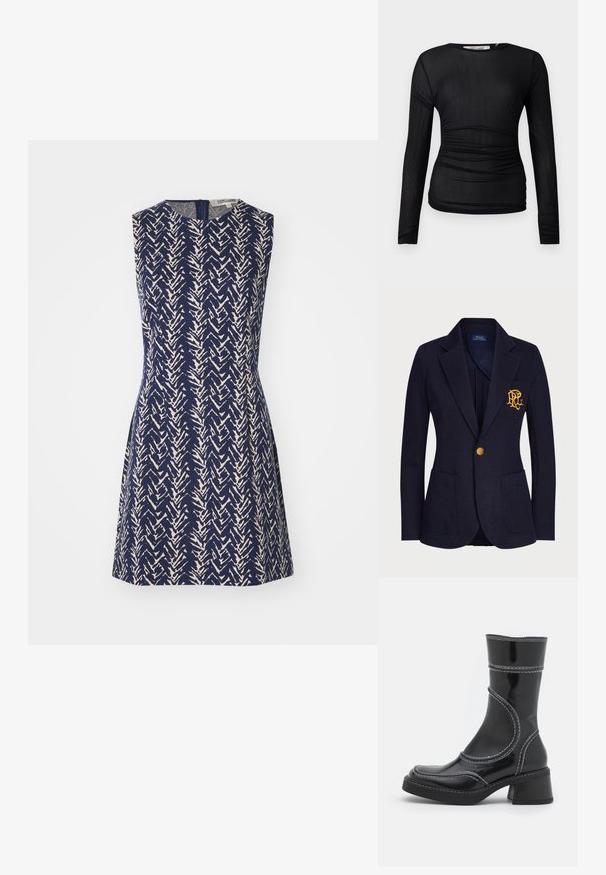 Jūras spēku žakete, izgatavota no teksturēta auduma, ar zelta pogu un izbrodētu logo krūšu kabatā. Ietver divas priekšējās kabatas.; Bez piedurknēm, tumši zila kleita ar krēmkrāsas zigzaga rakstu, apaļu kakla izgriezumu un aizmugurē esošo rāvējslēdzēju. A-līnijas siluets.; Melna garām piedurknēm augšdaļa, kas izgatavota no caurspīdīga, elastīga auduma. Ar piegriezuma detaļām gar sāniem un apaļu izgriezumu.; Melna lakota ādas anklets ar baltiem šuvumiem, noapaļota purngala un kvadrāta papēža. Iezīmes izliekti dizaina līnijas un gluda struktūra.