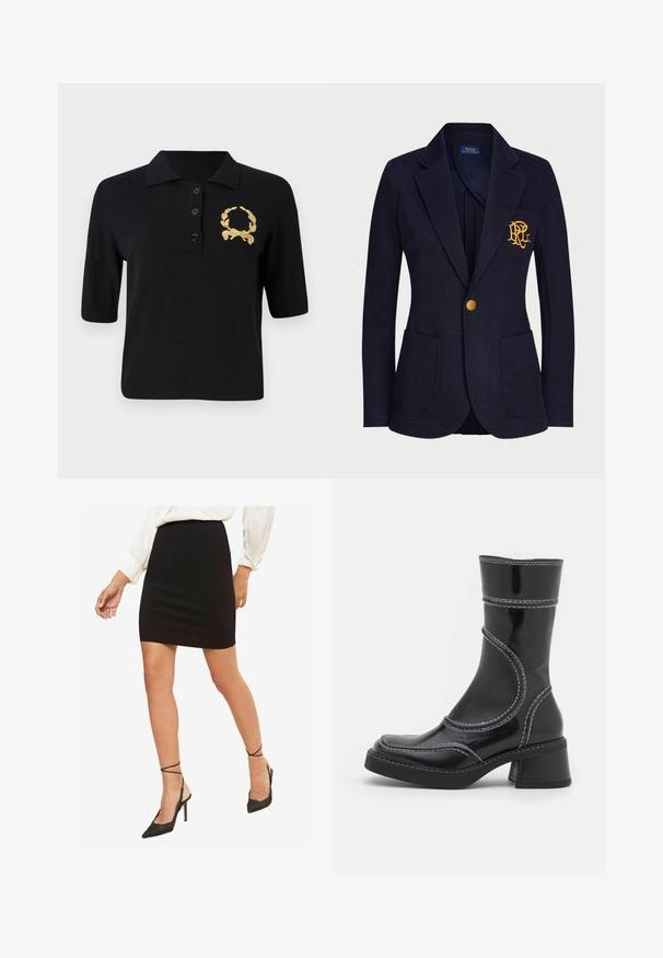Granatowy blezer wykonany z teksturowanej tkaniny, z złotym guzikiem oraz haftowanym logo na kieszeni piersiowej. Zawiera dwie kieszenie z przodu.; Czarny krótki rękaw polo z miękkiego materiału, z kołnierzykiem, trzema guzikami i złotym emblematem wieniec laurowy po lewej stronie klatki piersiowej.; Czarna dopasowana mini spódnica, gładki materiał, z waist w średnim wzroście, zestawiona z czarnymi szpilkami z ostro zakończonymi noskami i paskami na kostkach.; Czarne lakierowane botki za kostkę z białym przeszyciem, okrągłym noskiem i słupkowym obcasem. Posiadają zakrzywione linie designu oraz gładką teksturę.