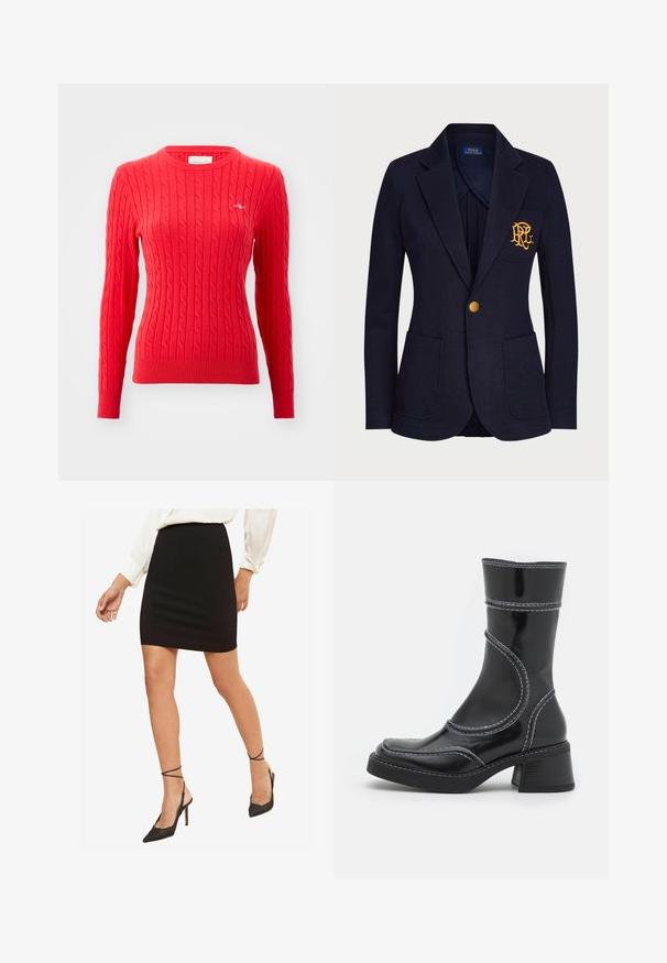 Mornarska blazer jakna iz teksturiranega blaga ima zlatorožni gumb in vezeno logo na žepu na prsih. Vsebuje dve sprednji žepi.; Rdeča pletena jopica z dolgimi rokavi, rebrastimi manšetami in robom, okroglim izrezom ter majhnim logotipom na prsih. Mehka tekstura.; Črna oprijeta mini krila, gladka tkanina, srednje visok pas, v kombinaciji s črnimi pokončnimi visokimi petami s trakovi okoli gležnja.; Črne lakirane gležnjarje z belim šivom, okroglo konico in blok peto. Imajo ukrivljene oblikovne črte in gladko teksturo.