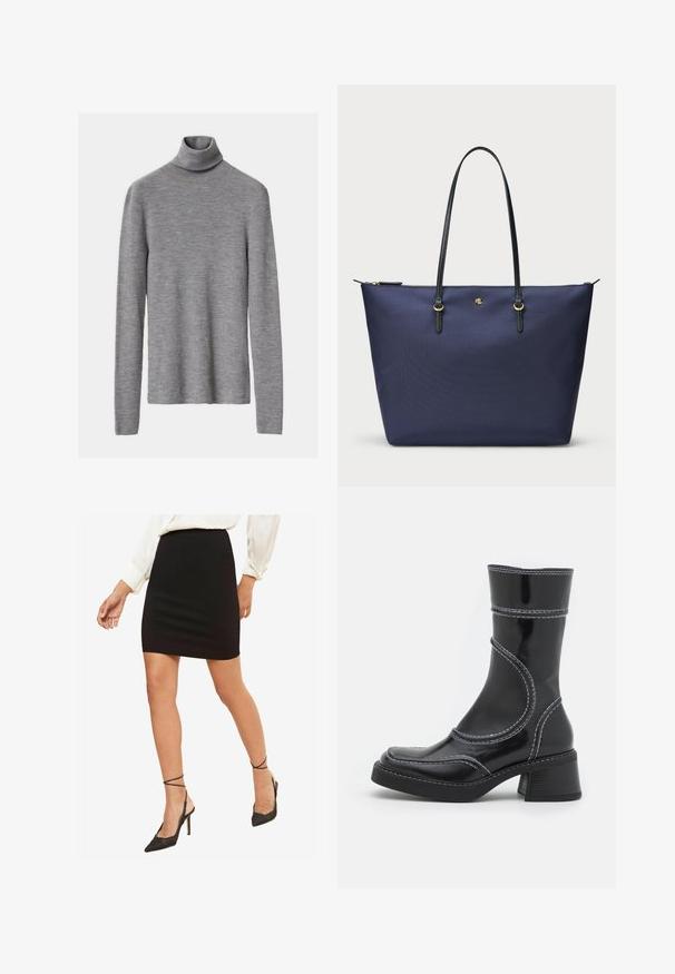 A tengerészkék blézer textúrált anyagból készült, amelyen arany gomb és hímzett logó található a mellzsebén. Két elülső zsebet tartalmaz.; Szürke bordás garbó pulóver hosszú ujjakkal, testhezálló siluettel és puha tapintással.; Fekete, testhez simuló mini szoknya, sima anyagból, közepes derékbőséggel, fekete, hegyes orrú, bokapántos magassarkú cipőkkel párosítva.; Fekete lakkbőr bokacsizma fehér varrással, kerek orral és blokk sarkal. Görbült formai vonalakkal és sima textúrával rendelkezik.; Tengerészeti kék vászontáska strukturált anyagból, fekete bőr fogantyúkkal és arany színű fém kiegészítőkkel. Cipzáras záródás a tetején.