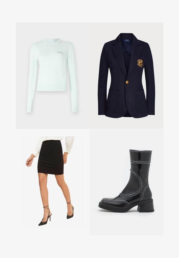 Mornarski blejzer od teksturiranog materijala sadrži zlatni dugme i izvezeni logotip na prednjem džepu. Uključuje dva prednja džepa.; Minta zeleni pulover od mekanog materijala, s dugim rukavima, rebrastim izrezom i manžetama, te malim izvezenim logotipom na prsima.; Crna uska mini suknja, glatka tkanina, srednji struk, uparena s crnim visokom potpeticama s ojačanim remenima oko skočnih zapešća.; Crne lakirane gležnjače s bijelim šavovima, zaobljenim vrhom i blok petom. Imaju zakrivljene dizajnerske linije i glatku teksturu.