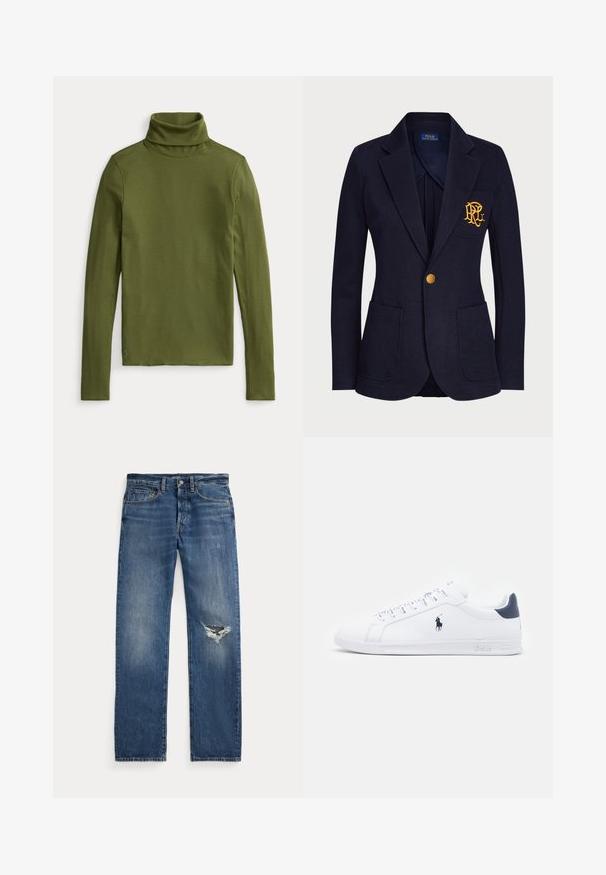 Navy blazer made of textured fabric features a gold button and an embroidered logo on the chest pocket. Includes two front pockets.; Olive green turtleneck top in a ribbed texture, featuring long sleeves and a fitted design with a small embroidered logo at the hem.; Blue denim jeans with a mid-rise waist, five pockets, and a frayed rip on the right knee.; White leather sneakers with a smooth finish, navy accents, and a small logo on the side. Features flat laces and textured rubber sole.