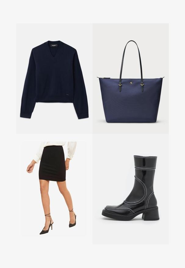 Mornarska blazer jakna iz teksturiranega blaga ima zlatorožni gumb in vezeno logo na žepu na prsih. Vsebuje dve sprednji žepi.; Temno modra, dolga rokava pulover z dizajnom v obliki črke V, izdelan iz mehkega materiala. Ima rebraste manšete in rob, minimalno označevanje na dnu.; Črna oprijeta mini krila, gladka tkanina, srednje visok pas, v kombinaciji s črnimi pokončnimi visokimi petami s trakovi okoli gležnja.; Črne lakirane gležnjarje z belim šivom, okroglo konico in blok peto. Imajo ukrivljene oblikovne črte in gladko teksturo.; Torbica v navy modri barvi, izdelana iz teksturirane tkanine, z ročaji iz črne usnje in zlatimi detajli. Zadrga na vrhu.