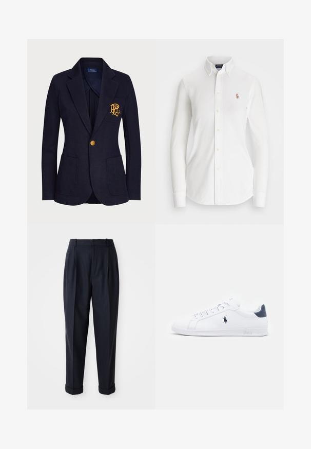 Mornarska blazer jakna iz teksturiranega blaga ima zlatorožni gumb in vezeno logo na žepu na prsih. Vsebuje dve sprednji žepi.; Bela srajca z dolgimi rokavi in gumbi, z ostrimi ovratniki, iz bombaža. Ima majhen izvezen logotip na levem prsnem delu.; Temno modri hlače iz gladkega materiala, z gubanjem spredaj, zoženimi nogami in manšetami na gležnjih. Šiviljska zasnova z zankami za pas.; Bele športne copate iz belega usnja z gladko površino, mornarsko modrimi detajli in majhnim logotipom na strani. Imajo ravne vezalke in teksturiran gumijast podplat.