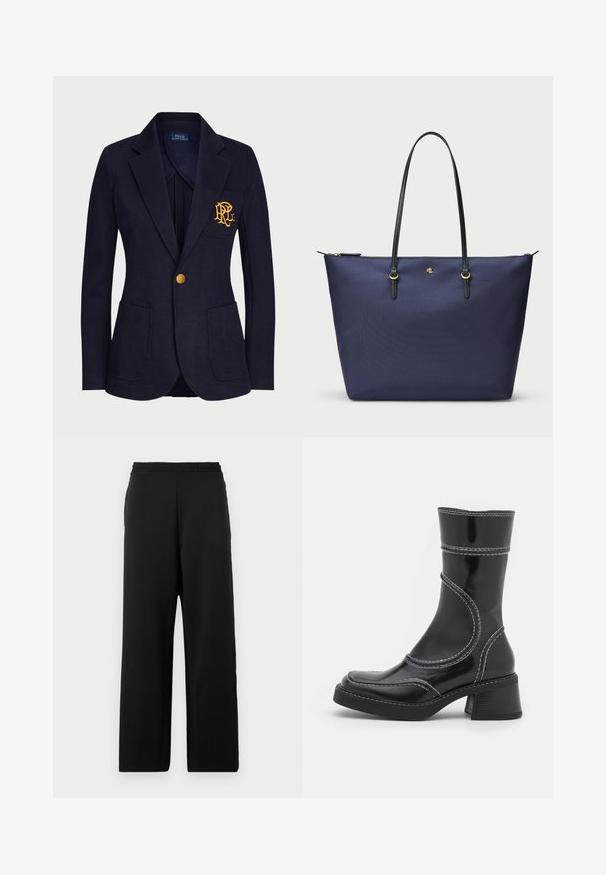 A tengerészkék blézer textúrált anyagból készült, amelyen arany gomb és hímzett logó található a mellzsebén. Két elülső zsebet tartalmaz.; Fénykék gombos ing, pamut keverékből készült, hosszú ujjú, klasszikus gallérral és enyhén ívelt szegéllyel; fehér gombokkal rendelkezik.; Fekete, széles lábú nadrág puha anyagból, rugalmas derékpánttal és sima textúrával, minták vagy díszítések nélkül.; Fekete lakkbőr bokacsizma fehér varrással, kerek orral és blokk sarkal. Görbült formai vonalakkal és sima textúrával rendelkezik.; Tengerészeti kék vászontáska strukturált anyagból, fekete bőr fogantyúkkal és arany színű fém kiegészítőkkel. Cipzáras záródás a tetején.