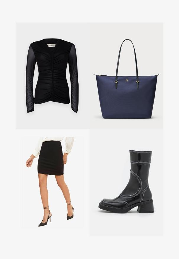 Merimies bleiseri, joka on valmistettu tekstuurikankaasta, sisältää kultanapin ja brodeeratun logon rinnataskussa. Mukana on kaksi etutaskua.; Mustat pitkähihainen paita, jossa on rypistetty etuosa, valmistettu kevyestä kankaasta. Sisältää läpinäkyvät hihat ja V-pääntien.; Mustat kapeat mini-hameet, sileä materiaali, keskikorkea vyötärö, yhdistetty mustien kärjellisten korkokenkien kanssa, joissa on nilkkahihnat.; Musta lakattu nahkasaapas nilkkamallissa, jossa on valkoiset ompeleet, pyöreä kärki ja lohkarekorko. Ominaisuuksiin kuuluvat kaarevat muotoilulinjat ja sileä pinta.; Tummansininen kassi, joka on valmistettu teksturoidusta kankaasta, mustilla nahkahandleilla ja kultaisilla yksityiskohdilla. Vetoketjukiinnitys ylhäällä.