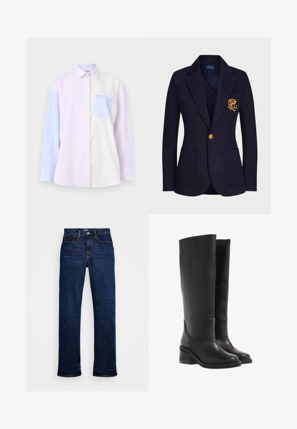 Navy blazer made of textured fabric features a gold button and an embroidered logo on the chest pocket. Includes two front pockets.; Striped shirt featuring light purple, blue, and white color blocks. It has a button-up front, collar, and a chest pocket with a blue stripe.; Dark blue denim jeans with a straight-leg cut, featuring five pockets, copper stitching, and a classic button closure.; Black leather knee-high boots with a smooth texture, rounded toe, and a chunky heel. Features subtle stitching and a streamlined design.