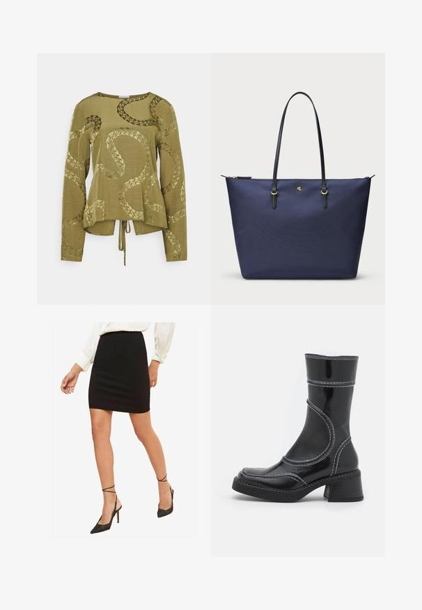 Blazer navy in tessuto testurizzato con un bottone dorato e un logo ricamato sulla tasca del petto. Include due tasche frontali.; Maglia a maniche lunghe verde oliva con una vestibilità morbida, caratterizzata da un motivo a rilievo simile a quello di un serpente e un dettaglio annodato all'orlo.; Mini gonna nera aderente, tessuto morbido, vita media, abbinata a tacchi alti neri con punta affusolata e cinturini alla caviglia.; Stivale alla caviglia in pelle verniciata nera con cuciture bianche, punta arrotondata e tacco a blocco. Presenta linee di design curve e una texture liscia.; Borsa tote blu navy realizzata in tessuto testurizzato, con manici in pelle nera e dettagli in hardware dorato. Chiusura a zip nella parte superiore.