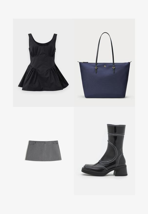 Blazer navy en tissu texturé avec un bouton doré et un logo brodé sur la poche poitrine. Comprend deux poches avant.; Robe sans manches noire avec un décolleté en cœur, taille froncée et jupe évasée. Fabriquée en tissu léger au toucher lisse et avec des coutures minimales.; Jupe grise avec une coupe droite, deux poches avant, une fermeture à boutons sur le devant et un motif texturé subtil.; Bottine en cuir verni noir avec des coutures blanches, bout arrondi et talon carré. Présente des lignes de design courbées et une texture lisse.; Sac fourre-tout bleu marine en tissu texturé, avec des poignées en cuir noir et des accents en matériel doré. Fermeture éclair sur le dessus.