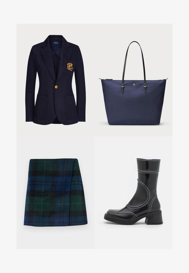 Tumesinine bleiser tekstuuriga kangast, millel on kuldne nupp ja tikitud logo rinnataskus. Sisaldab kahte esmtaskut.; Must have pikkade varrukatega pluus, mis on valmistatud läbipaistvast, venivast kangast. Küljel on kokkurüüping ja ümmargune kaelus.; Ruuduline seelik, millel on tumeroheline, sinine ja must värv, sirge lõige ning pehme tekstuur koos struktureeritud kujuga.; Must must pikkade säärega, musta lakknahast jalats, valgete õmblustega, ümarate varvaste ja plokk-kandadega. Omab kõveraid disainijoontesid ja siledat pindmääret.; Tumed sinine kott, mis on valmistatud tekstureeritud kangast, mustade nahkade käepidemete ja kuldsete detailide aksessuaaridega. Ülemine lukuga sulgemine.