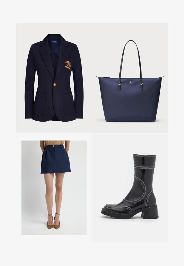 Merimies bleiseri, joka on valmistettu tekstuurikankaasta, sisältää kultanapin ja brodeeratun logon rinnataskussa. Mukana on kaksi etutaskua.; Musta pitkähihainen paita, joka on valmistettu läpinäkyvästä, joustavasta kankaasta. Sisältää rypytyksellä varustettuja yksityiskohtia sivuilla ja pyöreän kaula-aukon.; Tummansininen minihame, jossa on teksturoitu ruutukuvio, etupainike, laskokset ja ei-joustava vyötärö.; Musta lakattu nahkasaapas nilkkamallissa, jossa on valkoiset ompeleet, pyöreä kärki ja lohkarekorko. Ominaisuuksiin kuuluvat kaarevat muotoilulinjat ja sileä pinta.; Tummansininen kassi, joka on valmistettu teksturoidusta kankaasta, mustilla nahkahandleilla ja kultaisilla yksityiskohdilla. Vetoketjukiinnitys ylhäällä.