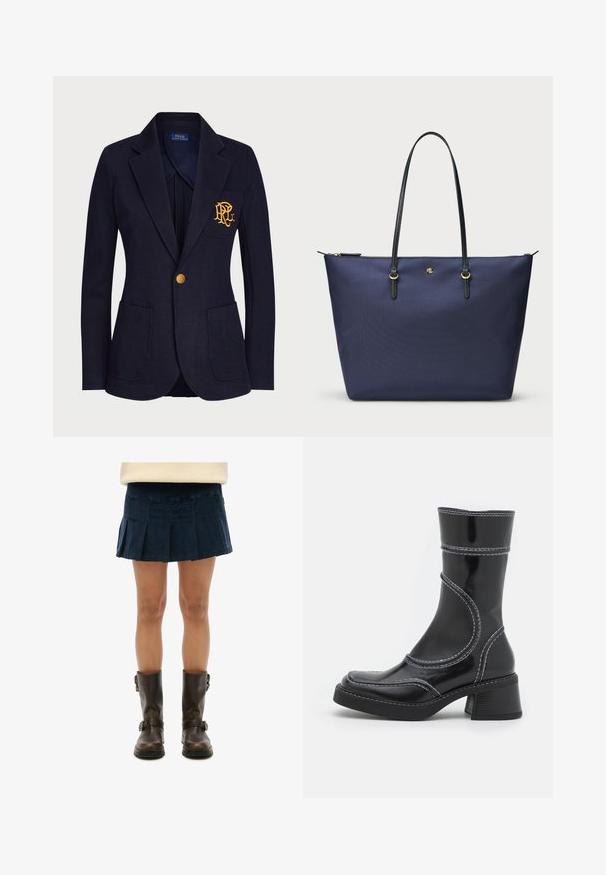 Blazer azul marino hecho de un tejido texturizado presenta un botón dorado y un logo bordado en el bolsillo del pecho. Incluye dos bolsillos frontales.; Top negro de manga larga hecho de un tejido transparente y elástico. Presenta detalles fruncidos a lo largo de los lados y un escote redondo.; Minifalda plisada azul marino en tejido suave, combinada con botas de cuero marrón hasta la rodilla con hebillas. La falda tiene un diseño estructurado.; Botín de charol negro con costuras blancas, punta redondeada y tacón cuadrado. Presenta líneas de diseño curvas y una textura suave.; Bolso tote azul marino hecho de tela texturizada, con asas de cuero negro y acentos en dorado. Cierre de cremallera en la parte superior.