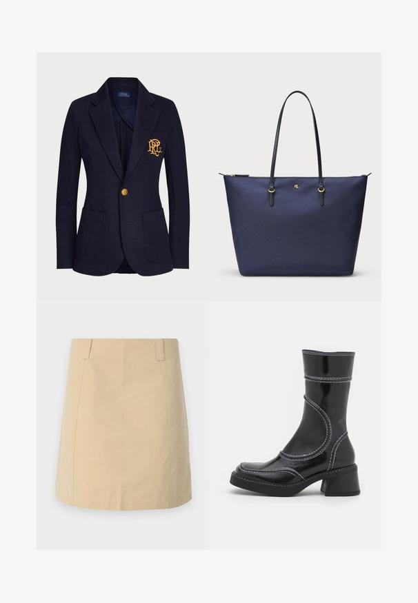 Námornícky blejzer vyrobený z textúrovaného materiálu má zlatý gombík a vyšívané logo na vrecku na hrudi. Obsahuje dve predné vrecká.; Čierny top s dlhými rukávmi vyrobený z priesvitnej, elastickej tkaniny. Obsahuje na bokoch riasené detaily a okrúhly výstrih.; Béžová bavlnená sukňa s rovný tvarom, so skladačkami vpredu, bočnými vreckami a prešitím pozdĺž švov.; Čierne lakované kožené členkové čižmy s bielym prešívaním, zaoblenou špičkou a blokovým podpätkom. Majú zakrivené línie dizajnu a hladkú textúru.; Námornícky modrá taška cez rameno vyrobená z texturovanej látky, s čiernymi koženými uchami a zlatými kovovými doplnkami. Zips na vrchu.
