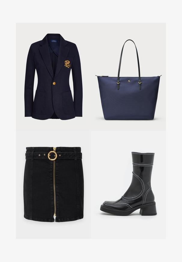 Jūras spēku žakete, izgatavota no teksturēta auduma, ar zelta pogu un izbrodētu logo krūšu kabatā. Ietver divas priekšējās kabatas.; Melna garām piedurknēm augšdaļa, kas izgatavota no caurspīdīga, elastīga auduma. Ar piegriezuma detaļām gar sāniem un apaļu izgriezumu.; Melna denima svārku ar zelta apaļu jostas sprādzi, priekšējo rāvējslēdzēju un jostas cilpiņām. Tam ir pieguļošs dizains un taisna apmale.; Melna lakota ādas anklets ar baltiem šuvumiem, noapaļota purngala un kvadrāta papēža. Iezīmes izliekti dizaina līnijas un gluda struktūra.; Tumši zila somiņa, izgatavota no teksturēta auduma, ar melnām ādas rokturiem un zelta krāsas aksesuāriem. Ar rāvējslēdzēja aizdari augšpusē.