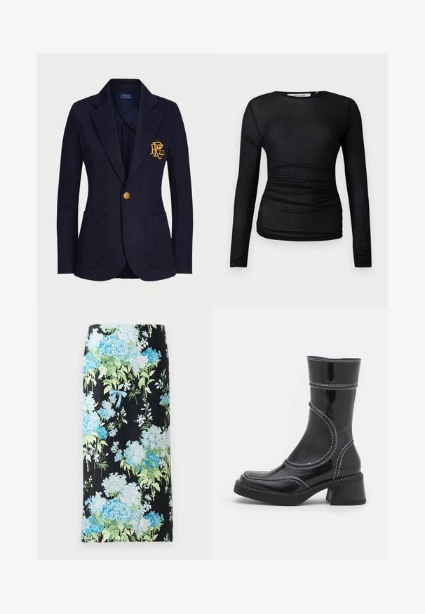 Blazer navy en tissu texturé avec un bouton doré et un logo brodé sur la poche poitrine. Comprend deux poches avant.; Haut à manches longues noir en tissu transparent et extensible. Présente des détails froncés sur les côtés et un col rond.; Jupe crayon florale en tissu noir, ornée de grandes hortensias bleues et vertes et de petites fleurs blanches, accentuée d'un nœud bleu clair.; Bottine en cuir verni noir avec des coutures blanches, bout arrondi et talon carré. Présente des lignes de design courbées et une texture lisse.