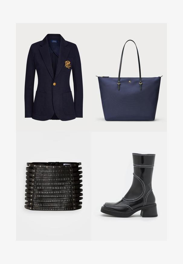Mėlynas bleiseris, pagamintas iš tekstūruotos medžiagos, turi auksinį mygtuką ir išsiuvinėtą logotipą krūtinės kišenėje. Įrengtos dvi priekinės kišenės.; Juodas ilgomis rankovėmis viršus, pagamintas iš permatomo, elastingo audinio. Papuoštas susiraukšlėjimu iš šonų ir turi apvalų iškirpimą.; Juodos odos mini sijonas su horizontaliomis dirželio detalėmis ir sidabriniais kniedėmis viršutinėje kraštinėje bei vertikaliuose šonuose.; Juodo lakuoto odos kulkšninis batas su baltomis siūlėmis, apvaliu pirštu ir blokuotu kulnu. Ypatinasi išlenktomis dizaino linijomis ir lygia tekstūra.; Tamsiai mėlyna pirkinių lagaminas, pagamintas iš tekstūruotos medžiagos, su juodais odiniais rankenėlėmis ir auksiniais akcentais. Užtrauktuko uždarymas viršuje.