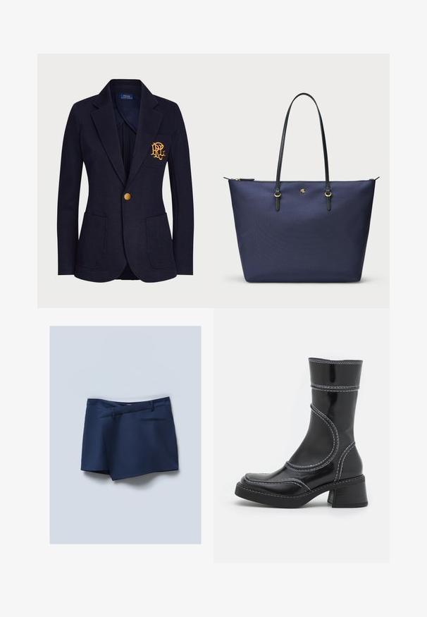 Jūras spēku žakete, izgatavota no teksturēta auduma, ar zelta pogu un izbrodētu logo krūšu kabatā. Ietver divas priekšējās kabatas.; Melna garām piedurknēm augšdaļa, kas izgatavota no caurspīdīga, elastīga auduma. Ar piegriezuma detaļām gar sāniem un apaļu izgriezumu.; Sundegas tumši zili šorti ar plakanu priekšpusi, sānu kabatām un aizmugures kabatu. Gluda auduma ar šūtu izskatu un akcentiem.; Melna lakota ādas anklets ar baltiem šuvumiem, noapaļota purngala un kvadrāta papēža. Iezīmes izliekti dizaina līnijas un gluda struktūra.; Tumši zila somiņa, izgatavota no teksturēta auduma, ar melnām ādas rokturiem un zelta krāsas aksesuāriem. Ar rāvējslēdzēja aizdari augšpusē.