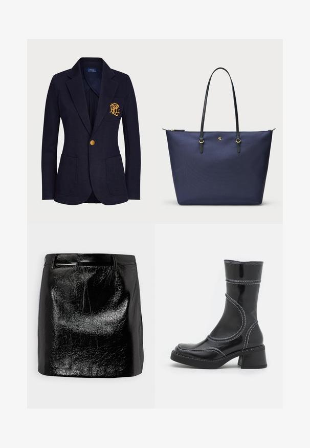 Blazer navy en tissu texturé avec un bouton doré et un logo brodé sur la poche poitrine. Comprend deux poches avant.; Haut à manches longues noir en tissu transparent et extensible. Présente des détails froncés sur les côtés et un col rond.; Mini-jupe en cuir noir avec une finition brillante, présentant une texture lisse, une coupe droite et des détails de couture subtils à la taille.; Bottine en cuir verni noir avec des coutures blanches, bout arrondi et talon carré. Présente des lignes de design courbées et une texture lisse.; Sac fourre-tout bleu marine en tissu texturé, avec des poignées en cuir noir et des accents en matériel doré. Fermeture éclair sur le dessus.