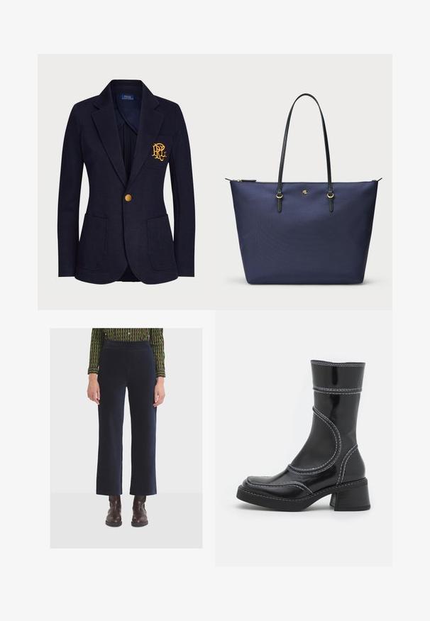 Mornarski blejzer od teksturiranog materijala sadrži zlatni dugme i izvezeni logotip na prednjem džepu. Uključuje dva prednja džepa.; Crna majica s dugim rukavima izrađena od prozirnog, rastezljivog materijala. Ima naćužene detalje uz strane i okrugli dekolte.; Žena nosi hlače s visokim strukom i širokim nogavicama u mornarsko plavoj boji s rebrastom teksturom, uparene s tamnosmeškim gležnjačama i majicom s uzorkom.; Crne lakirane gležnjače s bijelim šavovima, zaobljenim vrhom i blok petom. Imaju zakrivljene dizajnerske linije i glatku teksturu.; Tamno plavi torba za rame od teksturiranog materijala, sa crnim kožnim drškama i zlatnim akcentima. Zatvaranje na patentni zatvarač na vrhu.