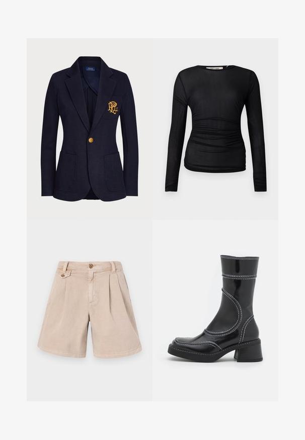 Blazer azul marino hecho de un tejido texturizado presenta un botón dorado y un logo bordado en el bolsillo del pecho. Incluye dos bolsillos frontales.; Top negro de manga larga hecho de un tejido transparente y elástico. Presenta detalles fruncidos a lo largo de los lados y un escote redondo.; Pantalones cortos de algodón beige con un diseño plisado, que cuentan con dos bolsillos frontales, un corte recto y un cierre de un solo botón en la cintura.; Botín de charol negro con costuras blancas, punta redondeada y tacón cuadrado. Presenta líneas de diseño curvas y una textura suave.