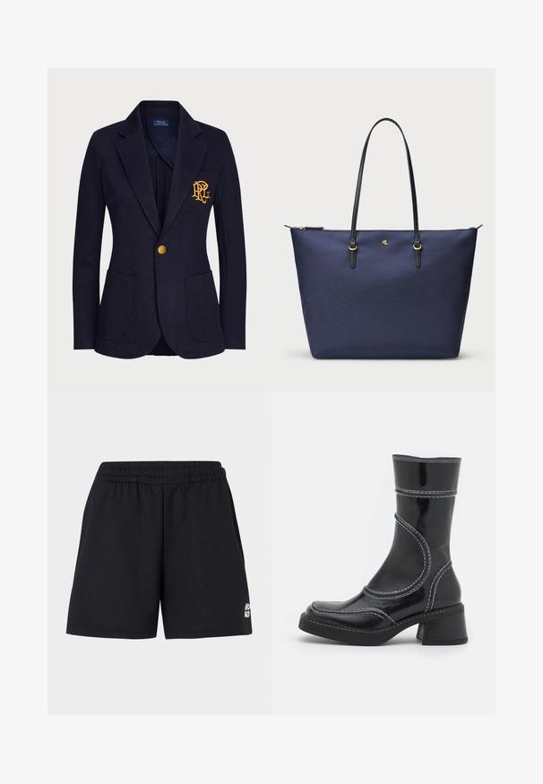 Blazer navy in tessuto testurizzato con un bottone dorato e un logo ricamato sulla tasca del petto. Include due tasche frontali.; Top a maniche lunghe nero realizzato in un tessuto trasparente ed elastico. Presenta dettagli arricciati lungo i lati e un collo a giro.; Shorts neri con cintura elastica, realizzati in tessuto morbido. Presentano un piccolo logo bianco "HUGO" sul lato sinistro in basso.; Stivale alla caviglia in pelle verniciata nera con cuciture bianche, punta arrotondata e tacco a blocco. Presenta linee di design curve e una texture liscia.; Borsa tote blu navy realizzata in tessuto testurizzato, con manici in pelle nera e dettagli in hardware dorato. Chiusura a zip nella parte superiore.