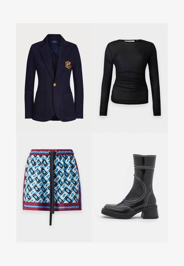 Námornícky blejzer vyrobený z textúrovaného materiálu má zlatý gombík a vyšívané logo na vrecku na hrudi. Obsahuje dve predné vrecká.; Čierny top s dlhými rukávmi vyrobený z priesvitnej, elastickej tkaniny. Obsahuje na bokoch riasené detaily a okrúhly výstrih.; Krátka sukňa s modro-čiernym geometrickým vzorom, elastickým pásom so šnúrkou na stiahnutie a bordovým lemom na spodnej strane.; Čierne lakované kožené členkové čižmy s bielym prešívaním, zaoblenou špičkou a blokovým podpätkom. Majú zakrivené línie dizajnu a hladkú textúru.