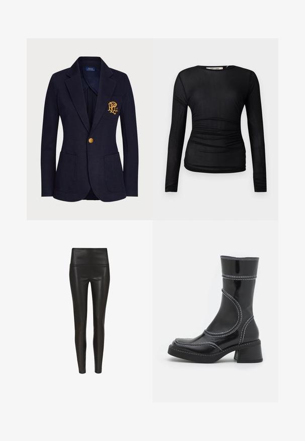 Navy blazer made of textured fabric features a gold button and an embroidered logo on the chest pocket. Includes two front pockets.; Black long-sleeve top made of a sheer, stretchy fabric. Features ruched detailing along the sides and a crew neckline.; High-waisted black faux leather leggings with a smooth, glossy finish and a fitted silhouette, tapering at the ankle. No visible seams.; Black patent leather ankle boot with white stitching, rounded toe, and block heel. Features curved design lines and a smooth texture.