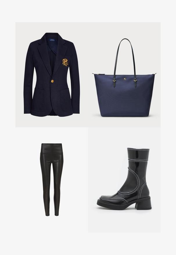 Blazer navy in tessuto testurizzato con un bottone dorato e un logo ricamato sulla tasca del petto. Include due tasche frontali.; Top a maniche lunghe nero realizzato in un tessuto trasparente ed elastico. Presenta dettagli arricciati lungo i lati e un collo a giro.; Leggings neri in finta pelle a vita alta con una finitura liscia e lucida e una silhouette aderente, che si restringe alla caviglia. Nessuna cucitura visibile.; Stivale alla caviglia in pelle verniciata nera con cuciture bianche, punta arrotondata e tacco a blocco. Presenta linee di design curve e una texture liscia.; Borsa tote blu navy realizzata in tessuto testurizzato, con manici in pelle nera e dettagli in hardware dorato. Chiusura a zip nella parte superiore.