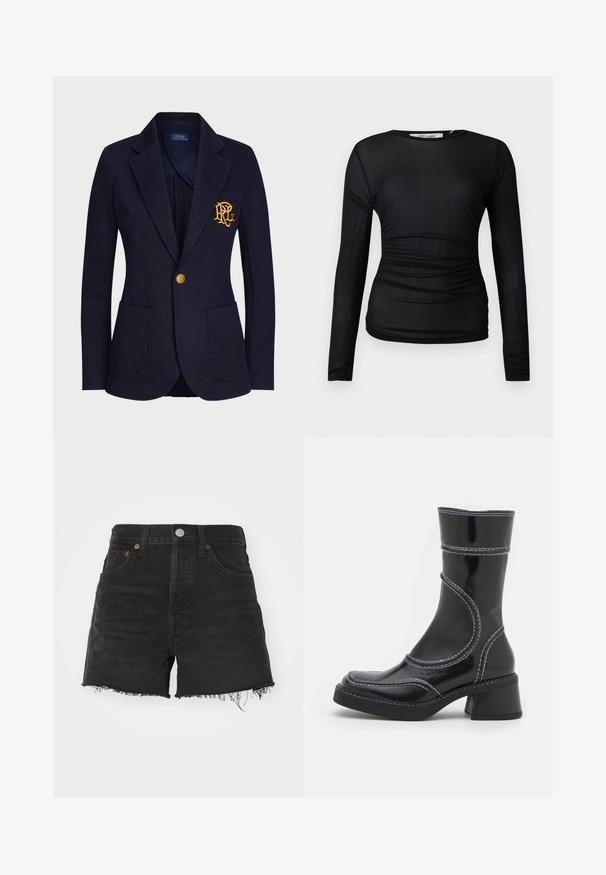 Mėlynas bleiseris, pagamintas iš tekstūruotos medžiagos, turi auksinį mygtuką ir išsiuvinėtą logotipą krūtinės kišenėje. Įrengtos dvi priekinės kišenės.; Juodas ilgomis rankovėmis viršus, pagamintas iš permatomo, elastingo audinio. Papuoštas susiraukšlėjimu iš šonų ir turi apvalų iškirpimą.; Juodi džinsiniai šortai su aukštu liemeniu, išplėštu kraštu ir vario spalvos kabliais. Turi klasikinį penkių kišenių dizainą ir mygtuko užsegimą.; Juodo lakuoto odos kulkšninis batas su baltomis siūlėmis, apvaliu pirštu ir blokuotu kulnu. Ypatinasi išlenktomis dizaino linijomis ir lygia tekstūra.