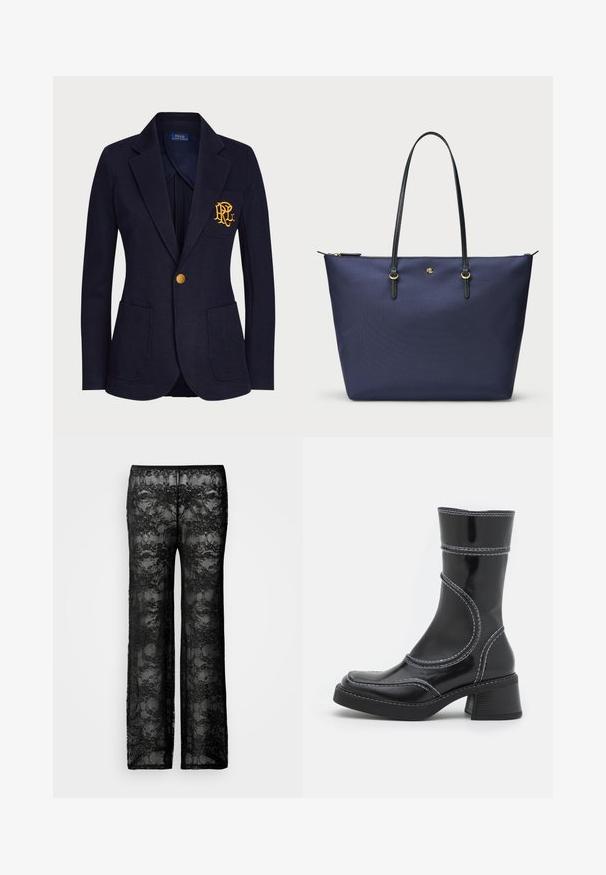 Jūras spēku žakete, izgatavota no teksturēta auduma, ar zelta pogu un izbrodētu logo krūšu kabatā. Ietver divas priekšējās kabatas.; Melna garām piedurknēm augšdaļa, kas izgatavota no caurspīdīga, elastīga auduma. Ar piegriezuma detaļām gar sāniem un apaļu izgriezumu.; Melni mežģīņu bikses ar caurspīdīgu dizainu, kas rotātas ar ziedu rakstiem un plašu kāju griezumu, radot smalku, teksturētu izskatu.; Melna lakota ādas anklets ar baltiem šuvumiem, noapaļota purngala un kvadrāta papēža. Iezīmes izliekti dizaina līnijas un gluda struktūra.; Tumši zila somiņa, izgatavota no teksturēta auduma, ar melnām ādas rokturiem un zelta krāsas aksesuāriem. Ar rāvējslēdzēja aizdari augšpusē.