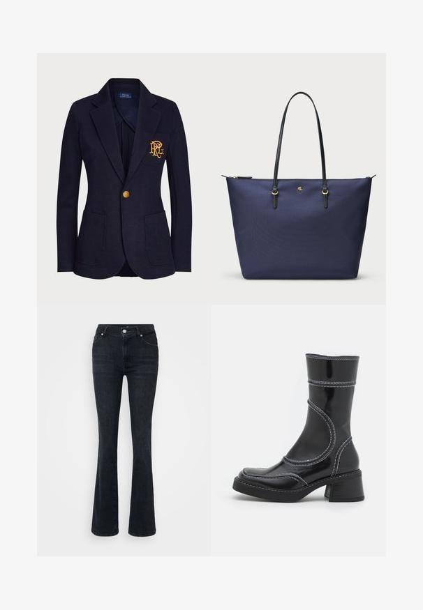 Tumesinine bleiser tekstuuriga kangast, millel on kuldne nupp ja tikitud logo rinnataskus. Sisaldab kahte esmtaskut.; Must have pikkade varrukatega pluus, mis on valmistatud läbipaistvast, venivast kangast. Küljel on kokkurüüping ja ümmargune kaelus.; Mustad denimist valmistatud mustad laiad teksad, mis omavad kõrget vööd, viit taskut ning metallnuppe. Sile tekstuur, minimaalne pleekimine.; Must must pikkade säärega, musta lakknahast jalats, valgete õmblustega, ümarate varvaste ja plokk-kandadega. Omab kõveraid disainijoontesid ja siledat pindmääret.; Tumed sinine kott, mis on valmistatud tekstureeritud kangast, mustade nahkade käepidemete ja kuldsete detailide aksessuaaridega. Ülemine lukuga sulgemine.