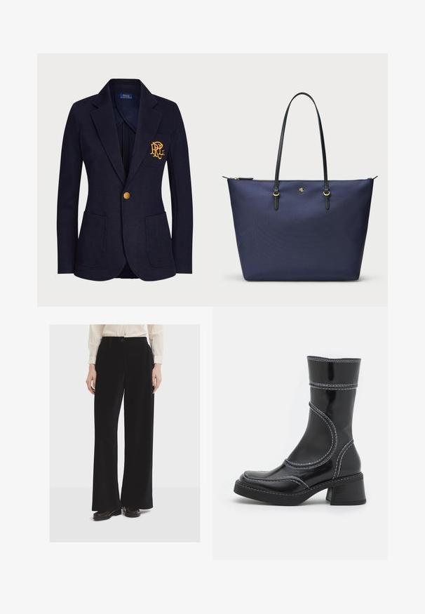 Marineblazer aus strukturiertem Stoff mit einem goldenen Knopf und einem gestickten Logo auf der Brusttasche. Verfügt über zwei Fronttaschen.; Schwarzes Langarmoberteil aus einem transparenten, dehnbaren Stoff. Mit Raffung an den Seiten und einem Rundhalsausschnitt.; Schwarze weite Hosen aus weichem Stoff, mit vorderen Taschen, einem Knopfverschluss und einer glatten Textur.; Schwarze Lackleder-Ankle Boots mit weißen Nähten, abgerundeter Zehe und Blockabsatz. Besitzt geschwungene Designlinien und eine glatte Textur.; Dunkelblaues Tragetasche aus strukturiertem Stoff, mit schwarzen Ledergriffen und goldenen Hardware-Details. Reißverschlussverschluss an der Oberseite.