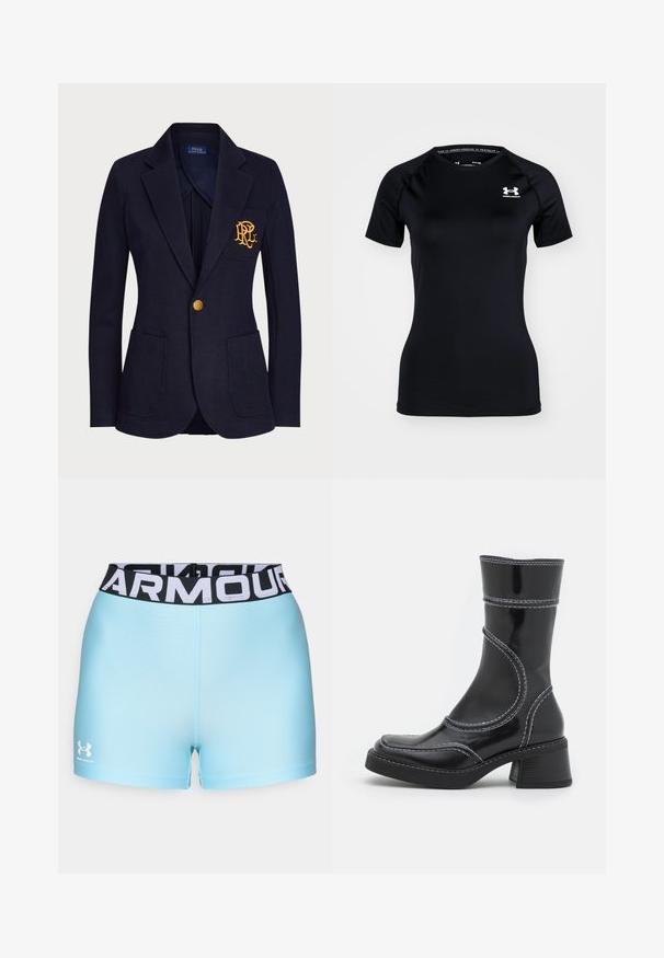 Marineblazer aus strukturiertem Stoff mit einem goldenen Knopf und einem gestickten Logo auf der Brusttasche. Verfügt über zwei Fronttaschen.; Schwarzes, kurzärmliges Sportshirt aus glattem, leichtem Stoff. Es hat einen Rundhalsausschnitt und ein kleines weißes Logo auf der oberen Brust.; Hellblaue Sportshorts mit einem schwarzen Bund, auf dem der weiße Schriftzug "ARMOUR" zu sehen ist. Das Material wirkt glatt und hat eine enganliegende Passform. Das Under Armour-Logo ist sichtbar.; Schwarze Lackleder-Ankle Boots mit weißen Nähten, abgerundeter Zehe und Blockabsatz. Besitzt geschwungene Designlinien und eine glatte Textur.