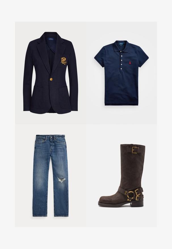 A tengerészkék blézer textúrált anyagból készült, amelyen arany gomb és hímzett logó található a mellzsebén. Két elülső zsebet tartalmaz.; Sötétkék, pamut póló ing rövid ujjakkal, három gombos gombolással és piros hímzett logóval a bal mellen.; Kék farmernadrág közepes derékkal, öt zsebbel és egy kitépett részel a jobb térdnél.; Barna velúr, térdfeletti csizma, lekerekített orral, arany fémrészletekkel, két csatoló hevederrel és alacsony, vastag sarokkal.