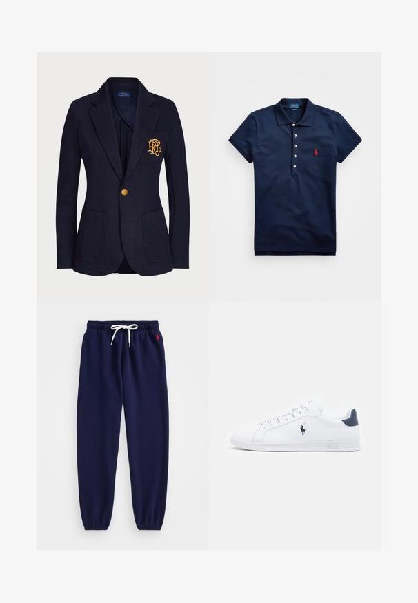 Blazer azul-marinho feito de tecido texturizado, apresenta um botão dourado e um logótipo bordado no bolso do peito. Inclui dois bolsos frontais.; Polo azul-marinho feito de algodão, com mangas curtas, gola de três botões e um logótipo bordado vermelho no lado esquerdo do peito.; Calças de sweat navy blue com cintura elástica e cordão, punhos ajustados e um pequeno logótipo vermelho na coxa esquerda. Tecido de textura suave.; Tenis brancos de couro com um acabamento suave, detalhes em azul marinho e um pequeno logotipo na lateral. Possui atacadores planos e sola de borracha texturizada.
