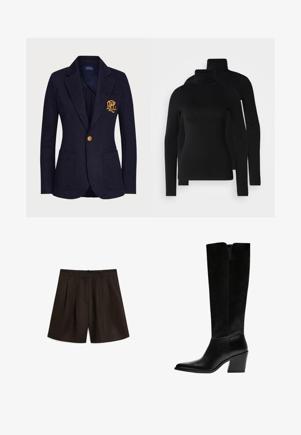 Marineblauwe blazer van textuurstof met een gouden knoop en een geborduurd logo op de borstzak. Inclusief twee voorkanten zakken.; Zwarte lange mouwen turtlenecks van een gladde, rekbare stof. Heeft aansluitende mouwen en een klassieke hoge kraag. Inclusief twee stuks.; Massimo Dutti PLEATED BERMUDA - Shorts - dark brown; Zwarte laarzen tot de knie van soepel leer, met een puntige neus, een blokhak en een V-vormige uitsparing aan de bovenkant.