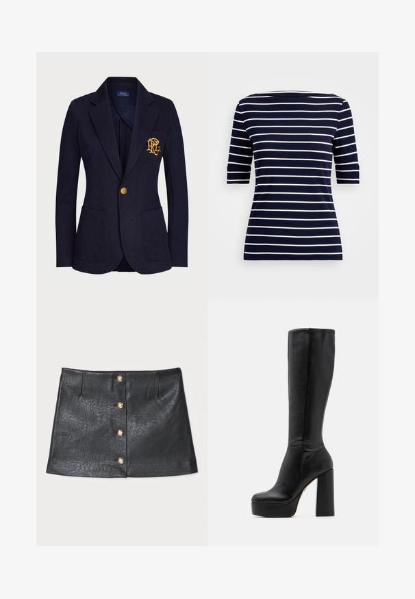 Marineblazer aus strukturiertem Stoff mit einem goldenen Knopf und einem gestickten Logo auf der Brusttasche. Verfügt über zwei Fronttaschen.; Dunkelblaues T-Shirt mit horizontalen weißen Streifen, kurzen Ärmeln und rundem Halsausschnitt. Hergestellt aus glattem Stoff mit körperbetonter Passform.; Schwarzer Leder-Minikilt mit einem eleganten Design, vorderem Knopfverschluss mit goldenen Akzenten und strukturierter Oberfläche mit sanftem Glanz.; Schwarze knielange Stiefel aus glattem Leder mit strukturierter Oberfläche, ausgestattet mit einem hohen Blockabsatz und einem runden Zehendesign.