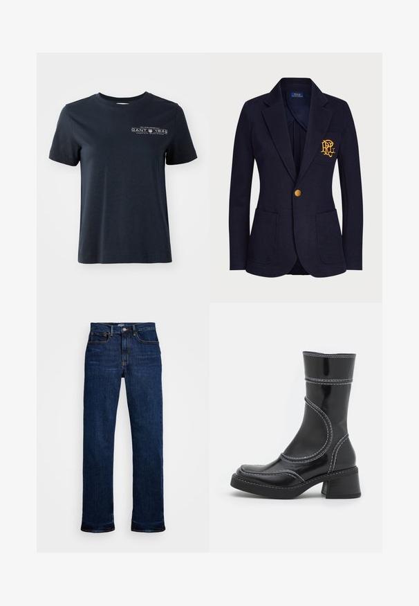 A tengerészkék blézer textúrált anyagból készült, amelyen arany gomb és hímzett logó található a mellzsebén. Két elülső zsebet tartalmaz.; Sötétkék pamut póló rövid ujjakkal, kerek nyakkal, elöl logóval, amely szövegből és dekoratív elemekből áll.; Sötétkék farmernadrág, egyenes szárú szabással, öt zsebével, rézszínű varrással és klasszikus gombos záródással.; Fekete lakkbőr bokacsizma fehér varrással, kerek orral és blokk sarkal. Görbült formai vonalakkal és sima textúrával rendelkezik.