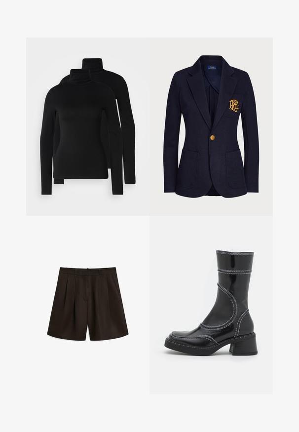 Marineblazer lavet af tekstureret stof har en guldknap og et broderet logo på brystlommen. Inkluderer to frontlommer.; Sorte langærmede turtlenecks lavet af glat, strækbart stof. Har tætsiddende ærmer og en klassisk høj krave. To stykker inkluderet.; Massimo Dutti PLEATED BERMUDA - Shorts - dark brown; Sort patenteret læder ankelstøvle med hvid stikning, rund tå og blokhæl. Har buede designlinjer og en glat tekstur.