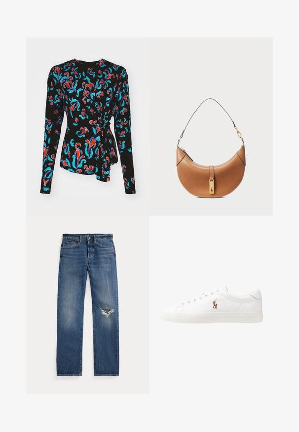 Blazer navy in tessuto testurizzato con un bottone dorato e un logo ricamato sulla tasca del petto. Include due tasche frontali.; Maglietta nera a maniche lunghe con un motivo floreale colorato in rosso, turchese e blu, con un dettaglio annodato in vita.; Jeans in denim blu con vita a media altezza, cinque tasche e un strappo sfilacciato sul ginocchio destro.; Sneakers in pelle bianca, design low-top, caratterizzati da una texture liscia, punta rotonda, chiusura con lacci e un piccolo logo ricamato sul lato.; Borsa a tracolla in pelle color nocciola con forma curva, hardware dorato e tracolla sottile. Presenta una chiusura con zip e dettagli con logo sulla parte anteriore.