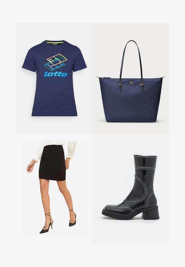 Marineblazer aus strukturiertem Stoff mit einem goldenen Knopf und einem gestickten Logo auf der Brusttasche. Verfügt über zwei Fronttaschen.; Dunkelblaues Baumwoll-T-Shirt mit kurzen Ärmeln, das auf der Vorderseite ein mehrfarbiges Lotto-Logo und ein geometrisches Design zeigt.; Schwarzer taillierter Minirock aus glattem Material, mit mittelhohem Bund, kombiniert mit schwarzen spitzen High Heels mit Knöchelriemen.; Schwarze Lackleder-Ankle Boots mit weißen Nähten, abgerundeter Zehe und Blockabsatz. Besitzt geschwungene Designlinien und eine glatte Textur.; Dunkelblaues Tragetasche aus strukturiertem Stoff, mit schwarzen Ledergriffen und goldenen Hardware-Details. Reißverschlussverschluss an der Oberseite.