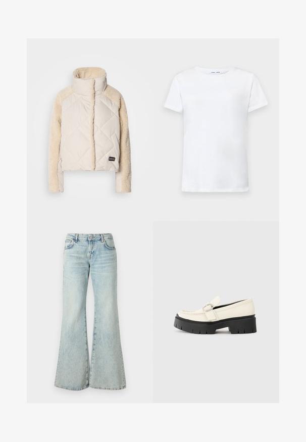 Krémová prošívaná bunda s vysokým límcem, nadýchanými béžovými rukávy a viditelnou nášivkou s logem. Měkká textura, zkrácený střih a diagonální prošívání.; Bílá krátká tričko s krátkým rukávem vyrobené z bavlny s kruhovým výstřihem. Hladká textura a rovný střih, bez vzorů nebo akcentů.; Světle modré zvonové džíny vyrobené z denimu, s vysokým pasem, kapsami a roztrhanými lemy. Tkanina má vybledlý omak a jemnou strukturu.; Bílé kožené mokasíny s robustní černou platformou, vybavené obdélníkovou stříbrnou sponou a viditelným švem na svršku.