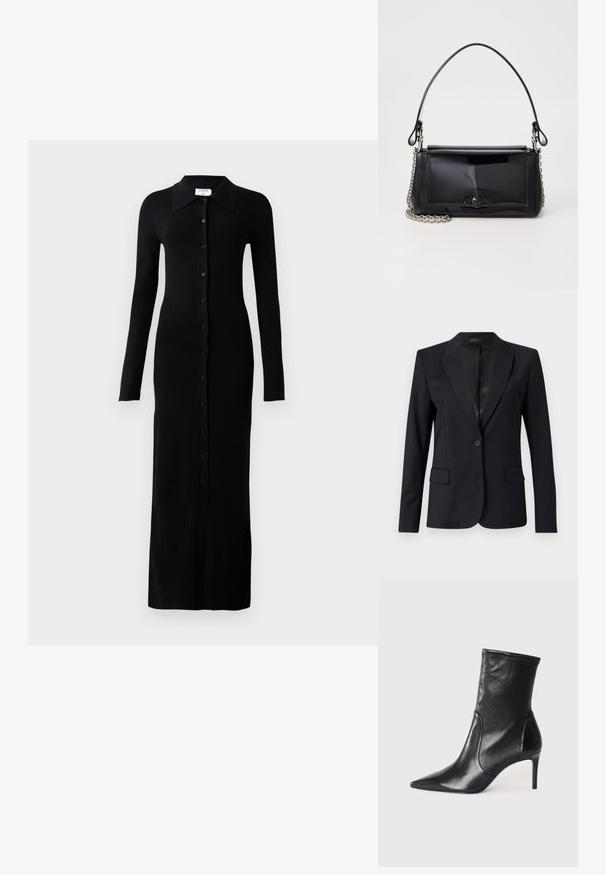 Blazer noir avec un col cranté, fermeture à un bouton, deux poches avant et un design épuré et ajusté. Texture lisse avec un look minimaliste.; Robe noire à manches longues côtelée avec un col, présentant un devant entièrement boutonné et une silhouette ajustée.; Bottes noires à la cheville en cuir lisse, dotées d'un bout pointu, d'un tige ajustée et d'un talon haut fin. Design minimaliste sans quincaillerie visible.; Sac à main en cuir verni noir de forme rectangulaire, avec une chaîne en bandoulière et un accent matériel distinctif au centre. Texture lisse.