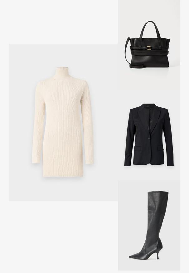 Svart kavaj med ett skärpkrage, enkel knappknäppning, två framfickor och en slimmad, skräddarsydd design. Slät textur med en minimalistisk stil.; Krämfärgad tubhalsklänning i ribbat stickat tyg. Har långa ärmar och en figurnära passform som ger ett slätt, texturerat utseende.; Knähöga svarta läderstövlar med spetsig tå och smal stilettklack. Slät textur med en åtsittande design och sömnad vid övre kanten.; Svart läderhandväska med strukturerad design, dubbla handtag på toppen, avtagbar rem och guldspänne som accent på en horisontell rem.