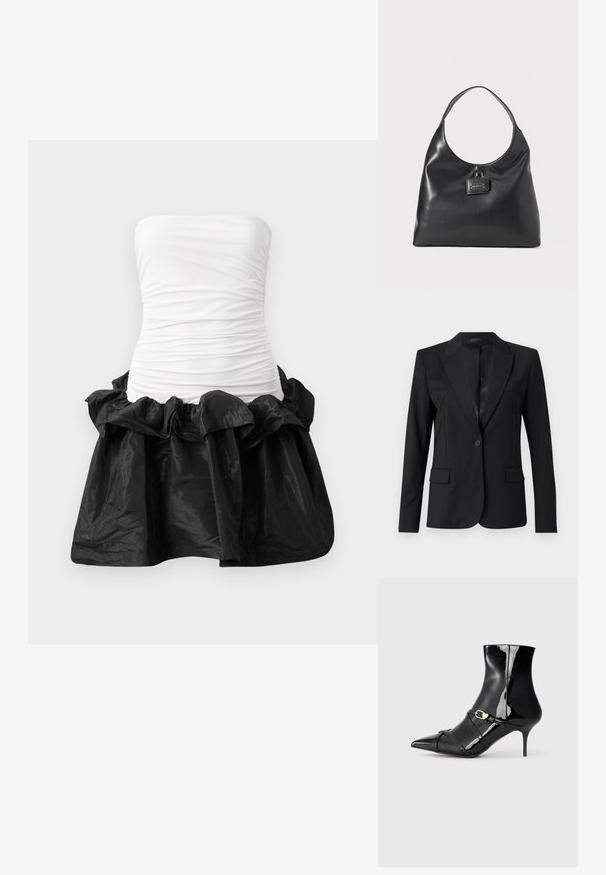Sacou negru cu guler în formă de v, închidere cu un singur nasture, două buzunare frontale și un design elegant, adaptat pe corp. Textură netedă cu un aspect minimalist.; Rochie fără bretele, cu un corset alb, ajustat, cu textură pliată și o fustă neagră, lucioasă, cu tiv valurit.; Bocanci din piele lacuită neagră, cu vârf ascuțit, toc subțire și două curele subțiri cu detaliu din cataramă aurie. Finisaj neted și lucios.; Geantă hobo din piele neagră, cu un singur mânere rotund pentru umăr, având un plăcuță cu sigla de culoare aurie pe partea din față. Textură netedă, design minimalist.