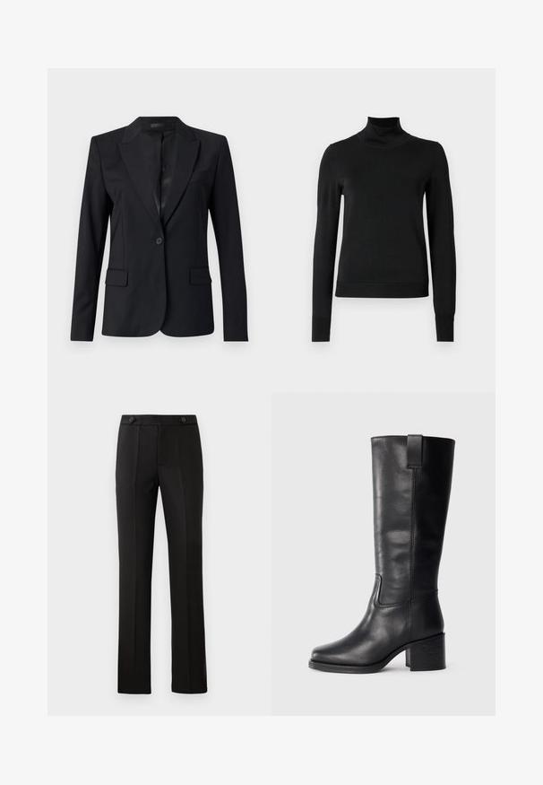 Black blazer featuring a notched collar, single button closure, two front pockets, and a sleek, tailored design. Smooth texture with a minimalist look.; Black long-sleeve turtleneck sweater with ribbed cuffs and hem, displayed on a plain white background.; Black tailored trousers with a straight leg, two front pockets, a button closure, and pleat detailing on the front. Smooth fabric texture.; Black leather knee-high boots with a smooth texture, square toe, block heel, and side pull tab, featuring minimal stitching details.