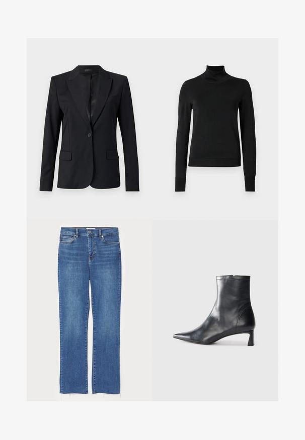 Blazer noir avec un col cranté, fermeture à un bouton, deux poches avant et un design épuré et ajusté. Texture lisse avec un look minimaliste.; Pull à col roulé noir à manches longues avec des poignets et un ourlet côtelés, présenté sur un fond blanc uni.; Jean en denim bleu avec une coupe droite, doté d'une fermeture à bouton et à zip, de cinq poches et de bords effilochés en bas.; Bottine en cuir noir avec un bout pointu et un design épuré. Présente un petit talon et une fermeture éclair à l'arrière. Texture lisse.