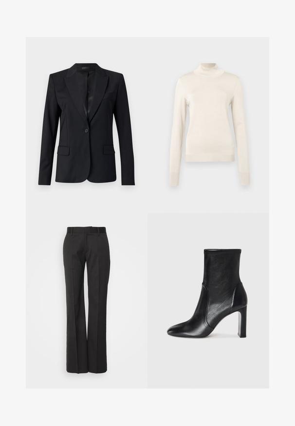 Black blazer featuring a notched collar, single button closure, two front pockets, and a sleek, tailored design. Smooth texture with a minimalist look.; Cream-colored turtleneck sweater made of soft knit fabric, featuring long sleeves and ribbed accents at the neck and cuffs.; Filippa K BOOTCUT TROUSERS - Trousers - black; Black leather ankle boot with a sleek design, pointed toe, and a high block heel. Features smooth texture and minimalistic stitching detail.