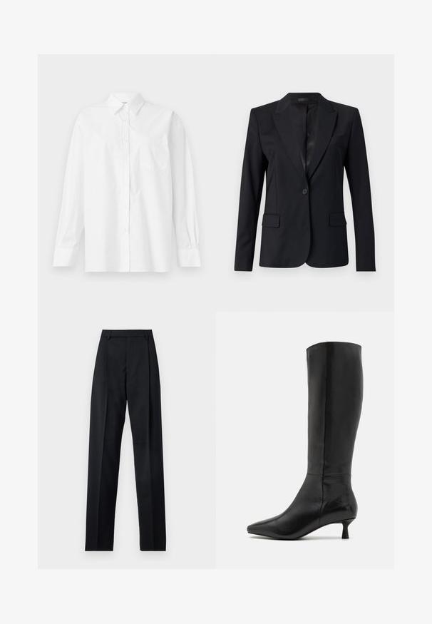 Čierny blejzer s výstrihom do "V", jedným gombíkom na zapínanie, dvoma prednými vreckami a elegantným, prešívaným dizajnom. Hladká textúra s minimalistickým vzhľadom.; Biela košeľa s dlhým rukávom vyrobená z bavlny, s klasickým golierom, gombíkovým zapínaním a jednou náprsní kapsou na ľavej strane.; Čierne nohavice vyrobené z hladkej látky s vysokým pásom, širokými nohavicami, prednými záhybmi a klasickými pútkami na opasok. Žiadne bočné vrecká nie sú viditeľné.; Zign Čižmy - black